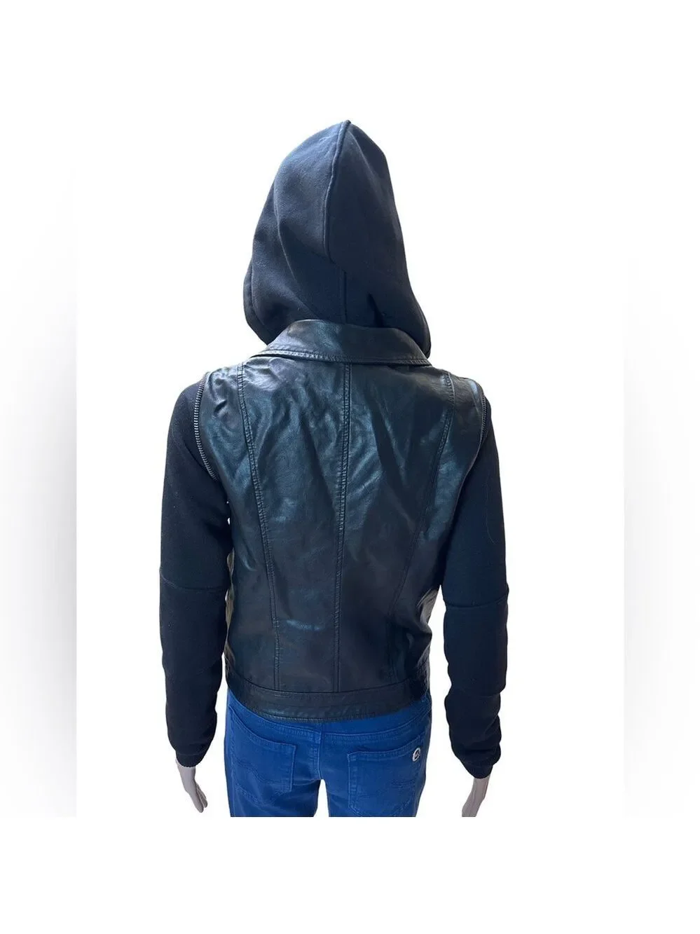 Jolt Black Vegan Leather Hooded Moto Jacket for Women Size Small NWT